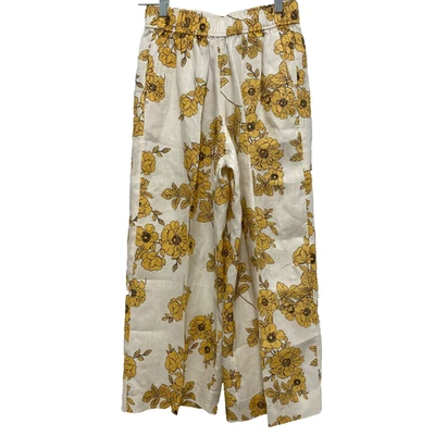 Pantalones Cortos Rachel Zoe Lino Pierna Ancha Talla S Pull On Blanco Amarillo Floral Boho Resor Foto 1 de 4