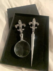 NIB Silverplate Fleur - de-Lis Magnifying Glass and Letter Opener - Picture 1 of 5