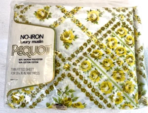 NOS Vintage Pequot Twin Fitted Sheet Berkeley Square Pattern Yellow Roses 39x76" - Picture 1 of 2
