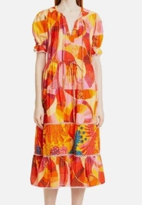 FARM RIO Patch Twirl Midi Dress Puff Sleeve Sz L Multicolor Drawstring Tie Neck - Picture 1 of 14