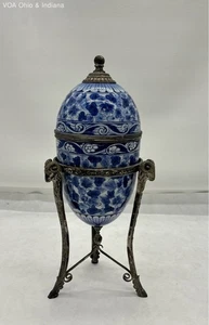 Large Decorative Blue & White Porcelain Egg Box On Stand Silver Plate 15" - Picture 1 of 11