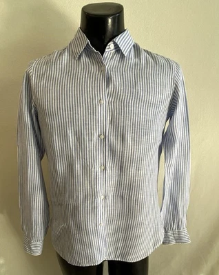 Camisa masculina Uniqlo média premium linho listrada azul manga longa botão frontal - Imagem 1 de 4