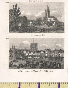 c1815 ANTIGUA IMPRESIÓN GEORGIANA PEQUEÑA ~ NORFOLK ~ NORWICH & MARKET PLACE - Imagen 1 de 1