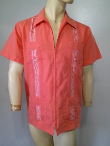 Vtg 70's Haband Genuine Guayabera Cuban Style Salmon Embroidered Shirt Zip Up M - Picture 1 of 6