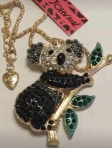 Betsey Johnson Crystal Rhinestone Enamel Black Koala Bear Necklace Bamboo 3D - Picture 1 of 3