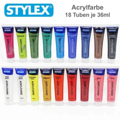 Stylex Acrylfarben Set 18 Tuben 17 Farben je 36 ml Künstlerfarbe Malfarbe Malen