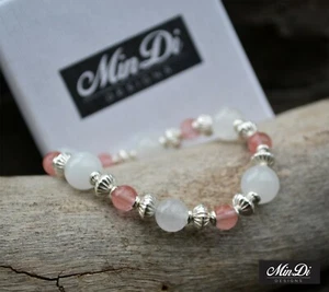 Stretch bracelet with genuine sterling silver, cherry quartz & jade. - Picture 1 of 5