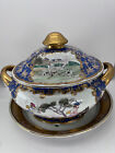 Vintage large Chinoiserie Porcelain Royal Hunt Scene Soup Tureen bowl gold knob