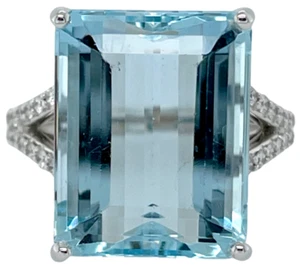 Natural Aquamarine & Diamond 14K White Gold Split Shank Ring - Size 5.75 - Picture 1 of 7
