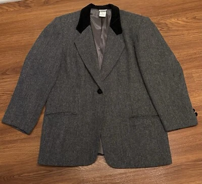 Винтажный Jaclyn Smith Blazer куртка женщин 12 серый шерсти черный бархат Corpcore - Изображение 1 из 4