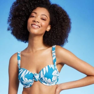Shade & Shore Push-Up Knot Detail Bikini Top Womens 36C Blue/White Floral - Picture 1 of 7