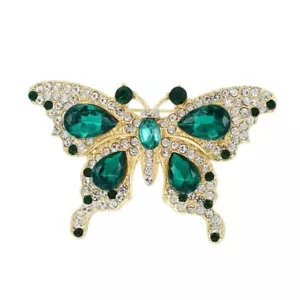 Green Crystal Gold Tone Butterfly Brooch - Picture 1 of 2