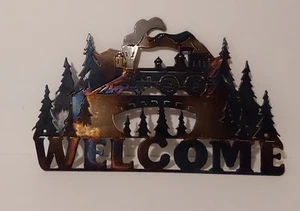 Insegna rustica Welcome in metallo taglio laser motore a vapore treno e alberi / olografica - Foto 1 di 11