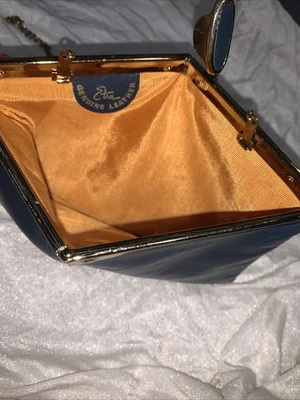 Bolso de Noche Vintage Etra Cuero Genuino Azul Tono Dorado Cadena Cierre Cuadrado Foto 1 de 4