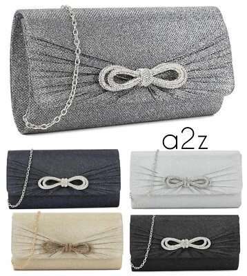 A2ZUKFASHION Women's Glitter Bow Clutch Bag Shoulder Chain Prom Evening Party Wedding Handbag