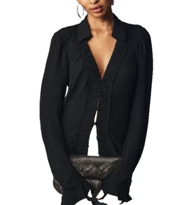 By Anthropologie Long Sleeve Textured Button Down Top 1X Black Ruffle Cuffs - Picture 1 of 16