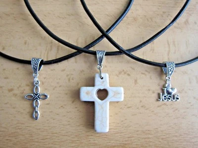 Various Christian Pendants on Genuine Leather Necklace - Cross & I Love Jesus. - Image 1 of 4