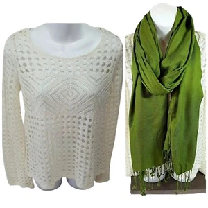 Hooked Up Sweater Womens Small Open Weave Overlay Cream Long Sleeve Green Scarf - Picture 1 of 14