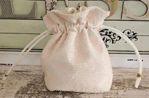 Vintage reversible beaded cinch hand bag, White/Pink - Picture 1 of 16