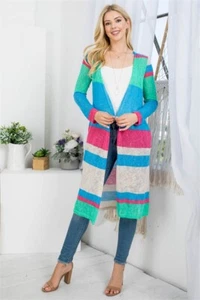 Womens Plus Size Blue Colorblock Open Front Cardigan 3XL Sweater Pockets - Picture 1 of 3