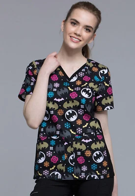 Batman Cherokee Scrubs Tooniforms DC V Neck Knit Panel Top TF648 DMBF - Image 1 of 4