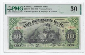 1925  Dominion Bank $10 Note Ser# 49427 Cat# 220-18-08  PMG **VF 30** - Picture 1 of 2
