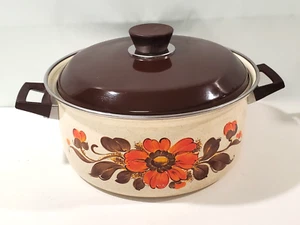 Vtg 70s Moneta Dutch Oven #24 Enamel Cookware Italy Orange Floral "AS IS" READ - Picture 1 of 17