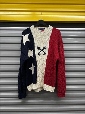Suéter de malha vintage raro anos 90 Tommy Hilfiger bandeira americana grande - Imagem 1 de 4
