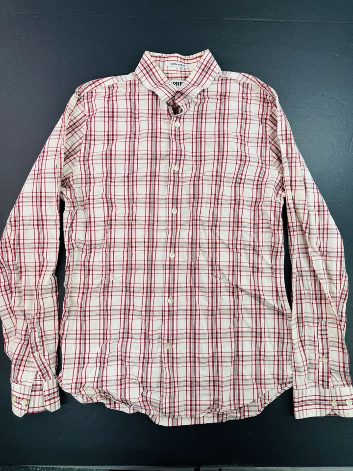 Camisa de vestir Express para hombre extra ajustada talla mediana cuello 15-15,5 a cuadros blanca roja Foto 1 de 4