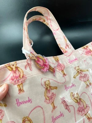 Vtg Harrods Coated Cotton Ballerina Bear Tote in Pink Cutecore 14" Shopping Tote - Image 1 of 4