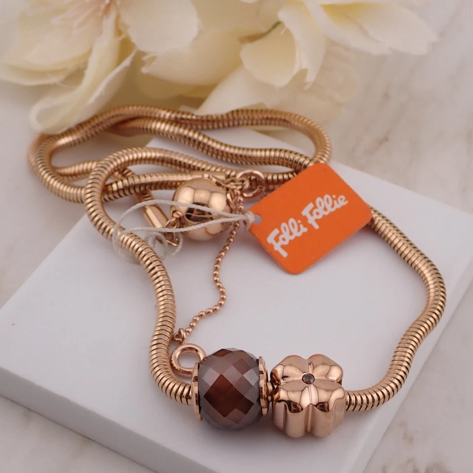 Colar de corrente de cobra tom dourado pingente de cristal flor coração Folli Follie - Imagem 1 de 4