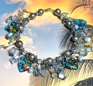 Silver Tone Dangling Glass Clear and Blue Heart Bead Charm Bracelet - Picture 1 of 14