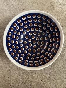Polish Pottery Blue & Red Dot Ceramic Serving Bowl - Picture 1 of 7