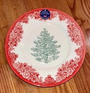 ROYAL STAFFORD SALAD PLATE~8-3/8"~GREEN CHRISTMAS TREE~RED BORDER~NEW - Picture 1 of 2