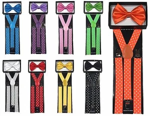 New Fashion Adult Polka Dot Suspender + Bow-Tie Combo Set Tuxedo Wedding Suit - Picture 1 of 19