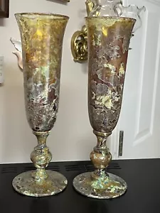 2 Neiman Marcus￼ Champagne Flutes 11” Wine Goblets 12ozAmber Agate Marble POLAND - Picture 1 of 13