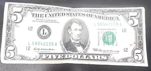 1969 $5 Five Dollar Federal Reserve Note San Francisco "L" - Picture 1 of 2