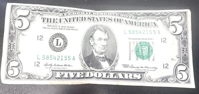 1969 $5 Five Dollar Federal Reserve Note San Francisco "L" - Image 1 of 2