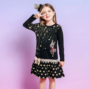 Girls Cotton Sparkle Party Princess Print Tulle Fancy Dress Long Sleeve Age 3-12 - Picture 1 of 6