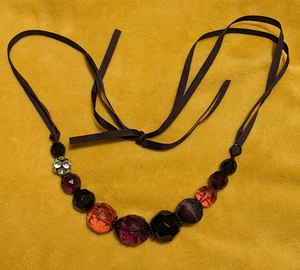 Necklace Black Double Cord Tie Bow Adjustable Satin, Faux Glass, Sparkly, Black - Picture 1 of 3