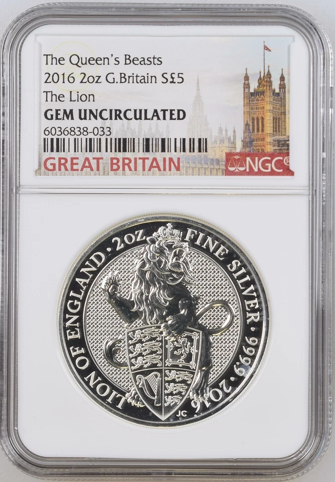 British Silver Queen's Beasts 2016 2 oz León de Inglaterra - NGC GEM BU Foto 1 de 2