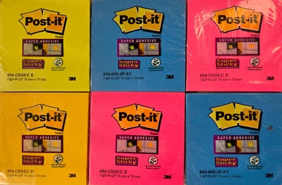Post-It 76 x 76mm Super Sticky Notes 654 3M Genuine Assorted 90 Sheet Pack of 6 - Image 1 of 4
