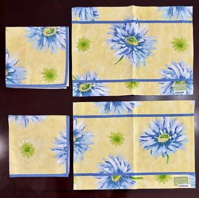 Karen Lee Ballard Placemat & Napkins Set of 2 Yellow w/ Blue Floral, Ribbon Trim - Image 1 of 4