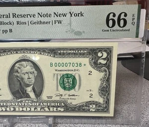 𤩠2009* New York Star $2 FRN (B* Block) PMG 66 EPQ Gem Unc. 128,000 printed - Picture 1 of 9