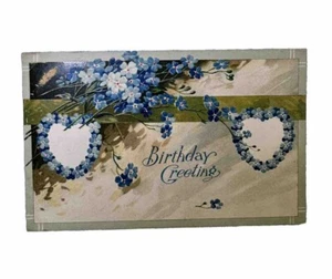 Vintage Postkarte Geburtstagsgrüße Vergissmeinnicht Blumen Herzen geteilt verschickt blau - Bild 1 von 8