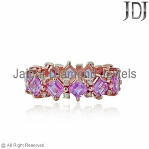 Diamante Natural Rosa Piedra Preciosa Zafiro 14K Oro Anillo Eternidad Joyería - Imagen 1 de 4