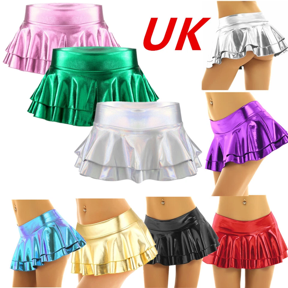 UK Womens Shiny Holographic Low Rise Double Layered Ruffled Frilly Mini Skirt - Image 1 of 1