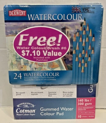 Derwent Watercolour 24 Pencils Tin Pack With Gummed Water Clolor Pad and Brush - Image 1 of 4