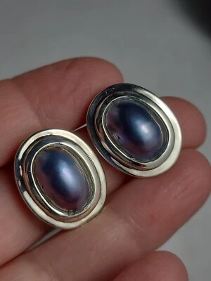 Quality Sterling silver purple blue or descent pearl pierced earrings signed - Imagem 1 de 4