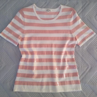 Suéter Vintage Rosa Blanco Rayas Tejido Top Brillante Lentejuelas Transparentes Manga Corta L Foto 1 de 4